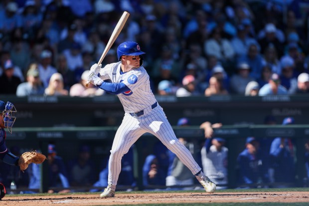 Chicago Cubs right fielder Matt Shaw (6) stands at the plate before hitting a single during the first inning against the Texas Rangers in a Cactus League game at Sloan Park Saturday Feb. 21, 2026 in Mesa, Ariz. (Armando L. Sanchez/Chicago Tribune)