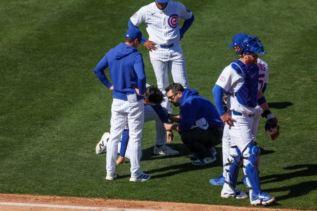 Chicago Cubs first baseman Jonathon Long (91) is checked by a trainer after he was hit by Texas Rangers left fielder Mark Canha (33) while he ran to first base after hitting a single during the fourth inning of a Cactus League game at Sloan Park Saturday Feb. 21, 2026 in Mesa, Ariz. (Armando L. Sanchez/Chicago Tribune)