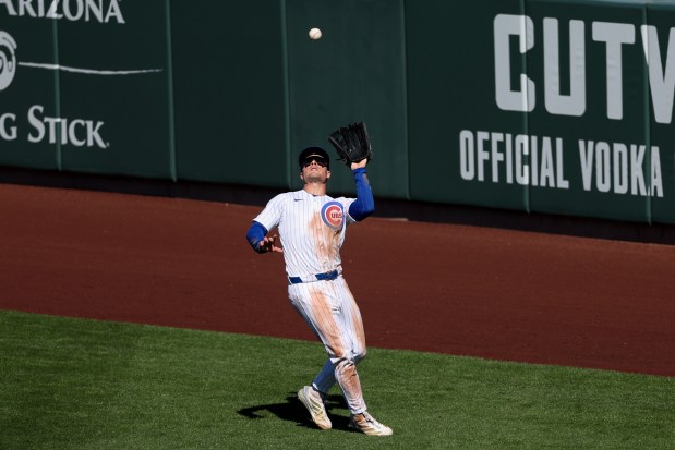 Chicago Cubs right fielder Matt Shaw (6) catches a fly-out from Texas Rangers designated hitter Cooper Johnson (83) during the fourth inning of a Cactus League game at Sloan Park Saturday Feb. 21, 2026 in Mesa, Ariz. (Armando L. Sanchez/Chicago Tribune)