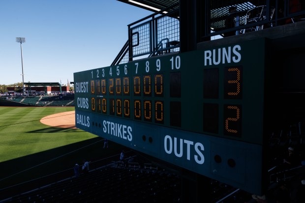 A scoreboard displays the final score after the Texas Rangers defeated the Chicago Cubs, 3-2, in a Cactus League game at Sloan Park Saturday Feb. 21, 2026 in Mesa, Ariz. (Armando L. Sanchez/Chicago Tribune)