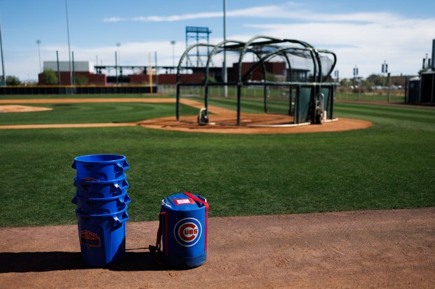 Cubs equipment sits near a field after practice during spring training at Sloan Park on Feb. 15, 2026, in Mesa, Ariz. (Armando L. Sanchez/Chicago Tribune)