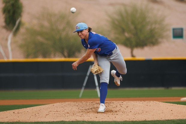 Pitcher Eli Morgan throws during live batting practice on the first day of the Cubs full-squad workout at spring training at Sloan Park on Feb. 16, 2026, in Mesa, Ariz. (Armando L. Sanchez/Chicago Tribune)