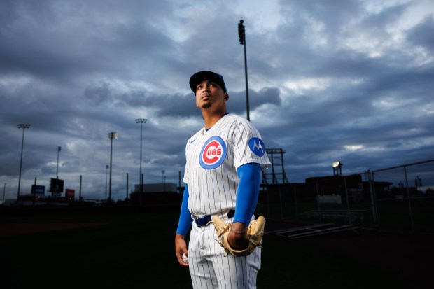 Cubs pitcher Daniel Palencia participates in media day during spring training at Sloan Park, Feb. 17, 2026, in Mesa, Ariz. (Armando L. Sanchez/Chicago Tribune)
