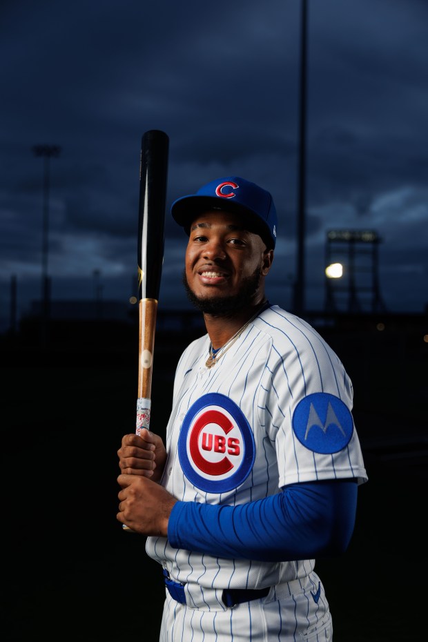 Cubs infielder Jefferson Rojas participates in media day during spring training at Sloan Park, Feb. 17, 2026, in Mesa, Ariz. (Armando L. Sanchez/Chicago Tribune)