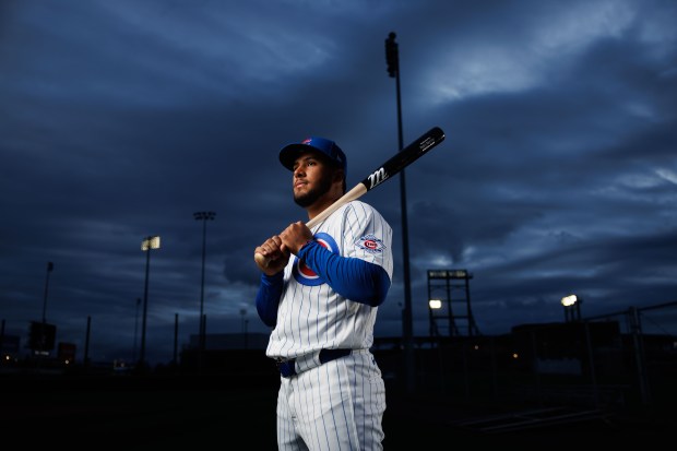 Cubs infielder Pedro Ramírez participates in media day during spring training at Sloan Park, Feb. 17, 2026, in Mesa, Ariz. (Armando L. Sanchez/Chicago Tribune)