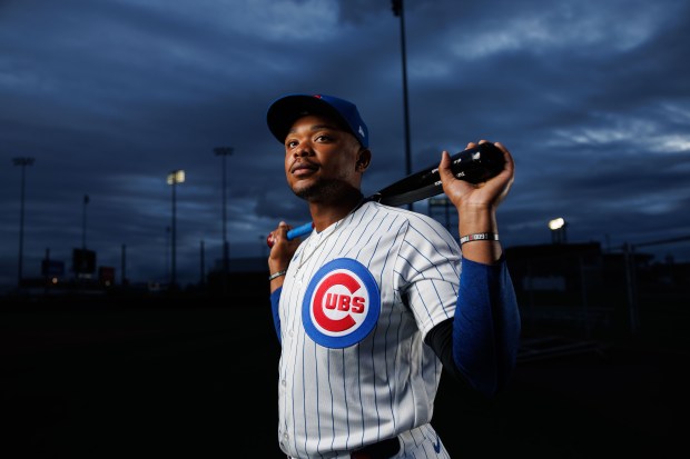 Cubs infielder B.J. Murray participates in media day during spring training at Sloan Park, Feb. 17, 2026, in Mesa, Ariz. (Armando L. Sanchez/Chicago Tribune)