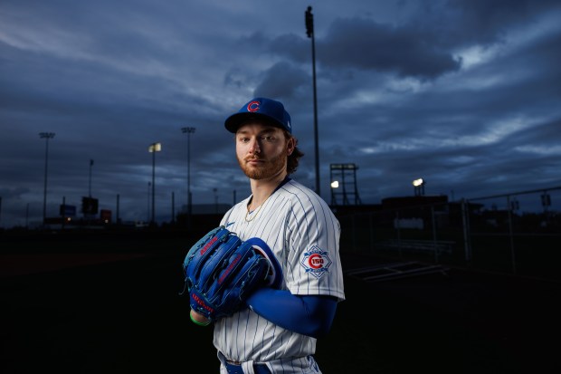 Cubs pitcher Riley Martin participates in media day during spring training at Sloan Park, Feb. 17, 2026, in Mesa, Ariz. (Armando L. Sanchez/Chicago Tribune)