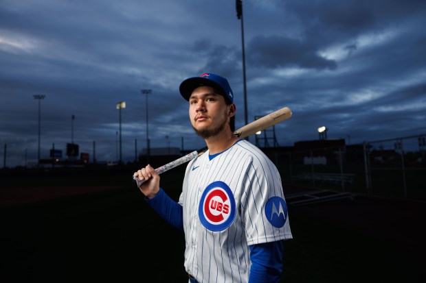 Cubs infielder Jonathon Long participates in media day during spring training at Sloan Park, Feb. 17, 2026, in Mesa, Ariz. (Armando L. Sanchez/Chicago Tribune)