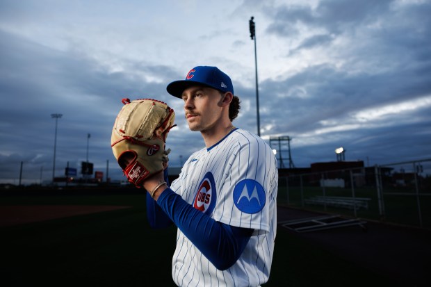 Cubs pitcher Jaxon Wiggins participates in media day at spring training at Sloan Park, Feb. 17, 2026, in Mesa, Ariz. (Armando L. Sanchez/Chicago Tribune)