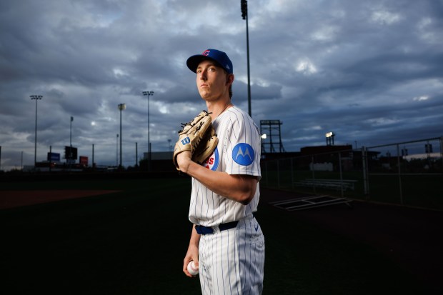Cubs pitcher Ben Brown participates in media day during spring training at Sloan Park, Feb. 17, 2026, in Mesa, Ariz. (Armando L. Sanchez/Chicago Tribune)