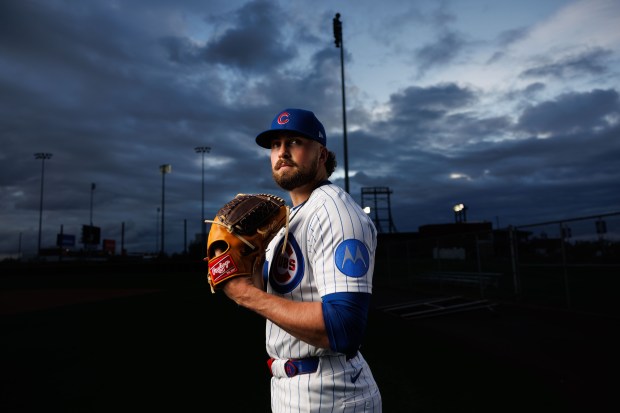 Cubs pitcher Porter Hodge participates in media day during spring training at Sloan Park, Feb. 17, 2026, in Mesa, Ariz. (Armando L. Sanchez/Chicago Tribune)