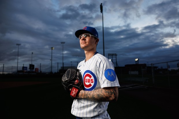 Cubs pitcher Ethan Roberts participates in media day during spring training at Sloan Park, Feb. 17, 2026, in Mesa, Ariz. (Armando L. Sanchez/Chicago Tribune)