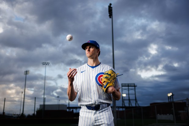 Cubs pitcher Kyle Wright participates in media day during spring training at Sloan Park, Feb. 17, 2026, in Mesa, Ariz. (Armando L. Sanchez/Chicago Tribune)