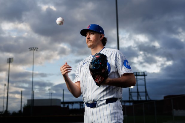 Cubs pitcher Hunter Harvey participates in media day during spring training at Sloan Park, Feb. 17, 2026, in Mesa, Ariz. (Armando L. Sanchez/Chicago Tribune)