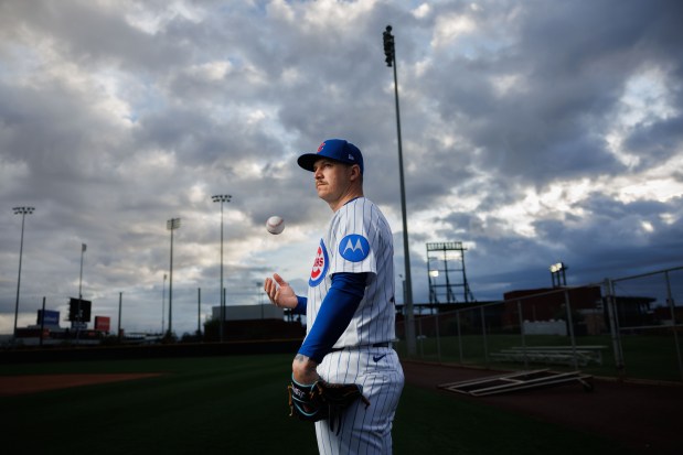 Cubs pitcher Jacob Webb participates in media day during spring training at Sloan Park, Feb. 17, 2026, in Mesa, Ariz. (Armando L. Sanchez/Chicago Tribune)