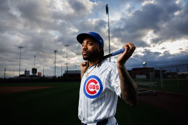 Cubs outfielder Justin Dean participates in media day during spring training at Sloan Park, Feb. 17, 2026, in Mesa, Ariz. (Armando L. Sanchez/Chicago Tribune)
