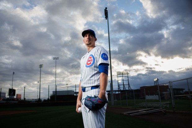 Cubs pitcher Connor Schultz participates in media day during spring training at Sloan Park, Feb. 17, 2026, in Mesa, Ariz. (Armando L. Sanchez/Chicago Tribune)