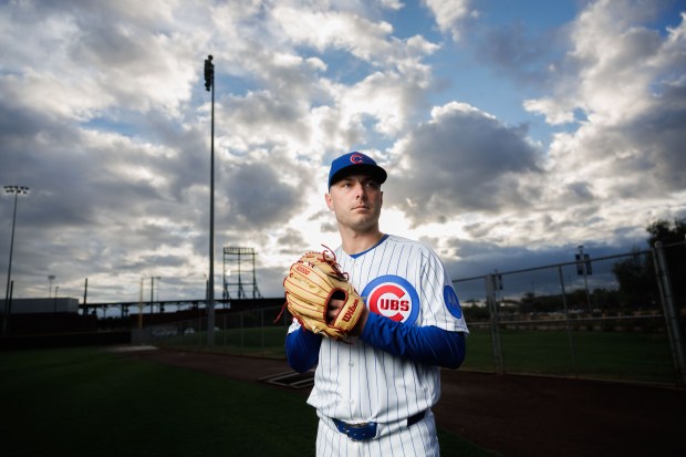 Cubs pitcher Corbin Martin participates in media day during spring training at Sloan Park, Feb. 17, 2026, in Mesa, Ariz. (Armando L. Sanchez/Chicago Tribune)