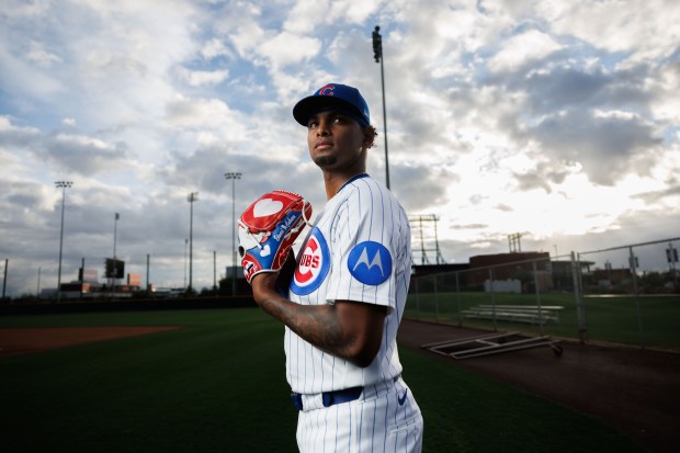 Cubs pitcher Edward Cabrera participates in media day at spring training at Sloan Park, Feb. 17, 2026, in Mesa, Ariz. (Armando L. Sanchez/Chicago Tribune)