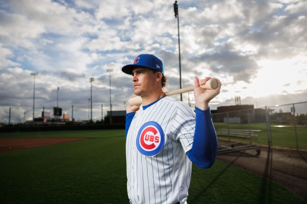 Cubs infielder Tyler Austin participates in media day during spring training at Sloan Park, Feb. 17, 2026, in Mesa, Ariz. (Armando L. Sanchez/Chicago Tribune)