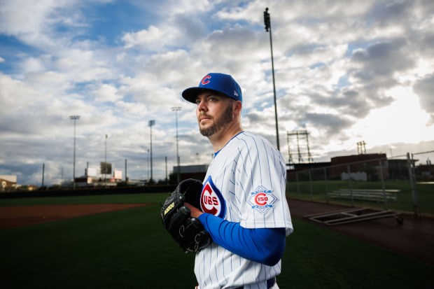 Cubs pitcher Caleb Thielbar participates in media day at spring training at Sloan Park, Feb. 17, 2026, in Mesa, Ariz. (Armando L. Sanchez/Chicago Tribune)