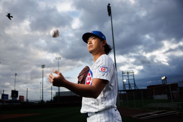Cubs pitcher Shota Imanaga participates in media day during spring training at Sloan Park, Feb. 17, 2026, in Mesa, Ariz. (Armando L. Sanchez/Chicago Tribune)
