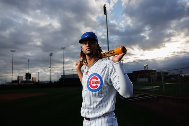 Cubs outfielder Kevin Alcántara participates in media day during spring training at Sloan Park, Feb. 17, 2026, in Mesa, Ariz. (Armando L. Sanchez/Chicago Tribune)