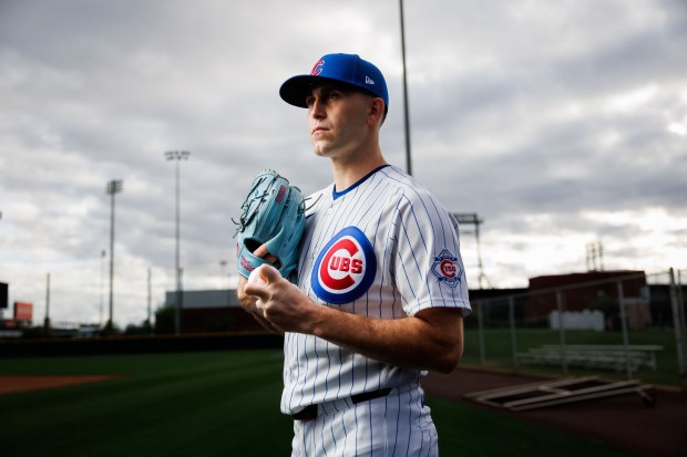 Cubs pitcher Matthew Boyd participates in media day during spring training at Sloan Park, Feb. 17, 2026, in Mesa, Ariz. (Armando L. Sanchez/Chicago Tribune)