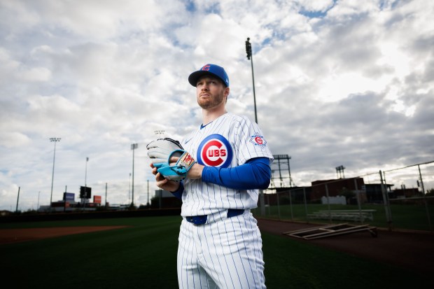 Cubs outfielder Ian Happ participates in media day during spring training at Sloan Park, Feb. 17, 2026, in Mesa, Ariz. (Armando L. Sanchez/Chicago Tribune)