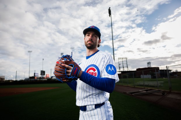 Cubs shortstop Dansby Swanson participates in media day during spring training at Sloan Park, Feb. 17, 2026, in Mesa, Ariz. (Armando L. Sanchez/Chicago Tribune)