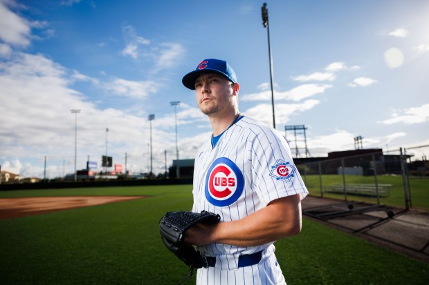 Cubs pitcher Justin Steele participates in media day during spring training at Sloan Park, Feb. 17, 2026, in Mesa, Ariz. (Armando L. Sanchez/Chicago Tribune)