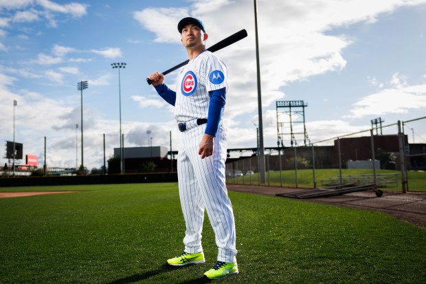Cubs outfielder Seiya Suzuki participates in media day during spring training at Sloan Park, Feb. 17, 2026, in Mesa, Ariz. (Armando L. Sanchez/Chicago Tribune)