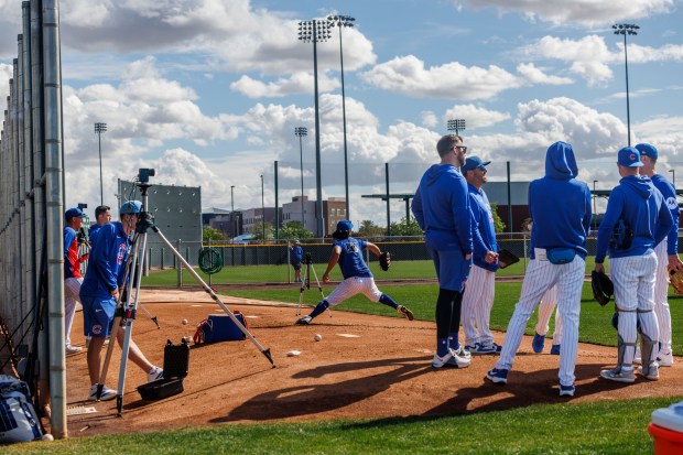 Pitcher Shota Imanaga throws in the bullpen area during spring training at Sloan Park on Tuesday, Feb. 17, 2026, in Mesa, Ariz. (Armando L. Sanchez/Chicago Tribune)