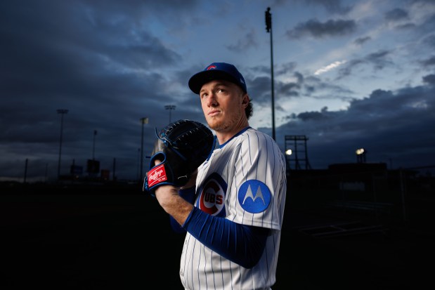 Cubs pitcher Gavin Hollowell participates in media day during spring training at Sloan Park, Feb. 17, 2026, in Mesa, Ariz. (Armando L. Sanchez/Chicago Tribune)