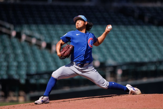 Shota Imanaga pitches during live batting practice during Cubs spring training at Sloan Park Thursday Feb. 19, 2026 in Mesa, Ariz. (Armando L. Sanchez/Chicago Tribune)