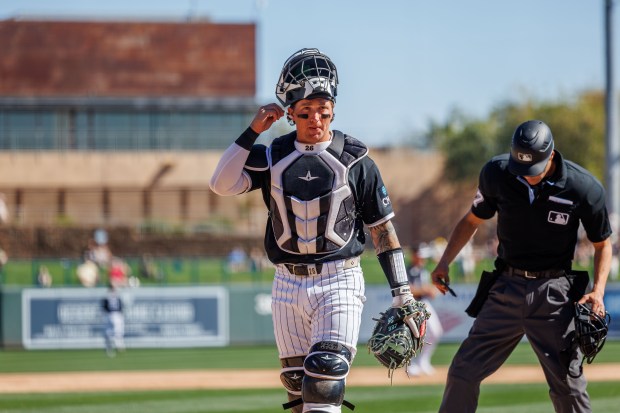 Chicago White Sox catcher Korey Lee (26) stands at the plate during the top of the third inning against the Milwaukee Brewers in a Cactus League game at Camelback Ranch on Sunday, Feb. 22, 2026, in Glendale, Ariz. (Armando L. Sanchez/Chicago Tribune)