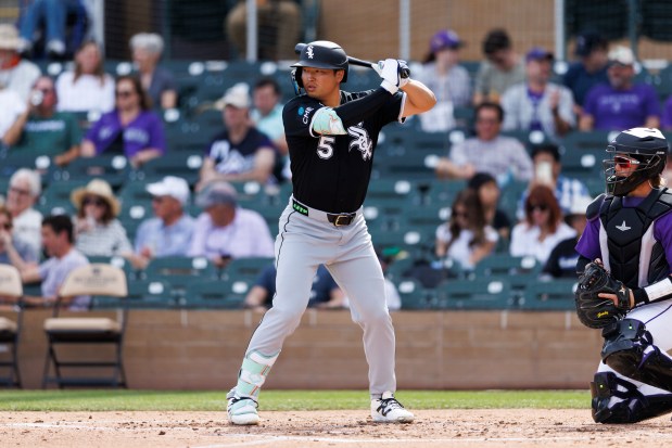 Munetaka Murakami of the White Sox at bat during a spring training game against the Rockies at Salt River Fields at Talking Stick on Monday, Feb. 23, 2026, in Scottsdale, Ariz. (Ric Tapia/Getty Images)