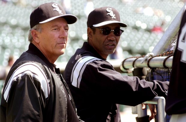 White Sox manager Jerry Manuel, right, and coach Joe Nossek watch batting practice before a game against the Tigers on April 29, 2000, in Detroit. (Charles Cherney/Chicago Tribune)