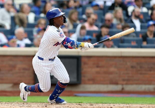 Mets' Luisangel Acuña bats against Blue Jays during the home opener at Citi Field on April 4, 2025. (Photo by Elsa/Getty Images)