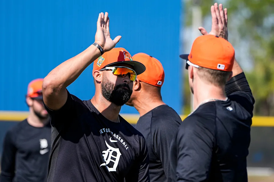 Detroit Tigers outfielder Riley Greene high-fives teammates at practice during spring training at TigerTown in Lakeland, Fla. on Friday, Feb. 13, 2026.