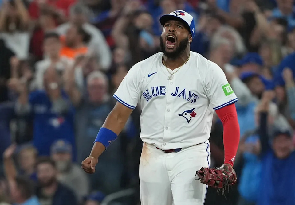 Oct 19, 2025; Toronto, Ontario, CAN; Toronto Blue Jays first baseman Vladimir Guerrero Jr. (27) celebrates after a double play in the fourth inning against the Seattle Mariners during game six of the ALCS round for the 2025 MLB playoffs at Rogers Centre. Mandatory Credit: Nick Turchiaro-Imagn Images
