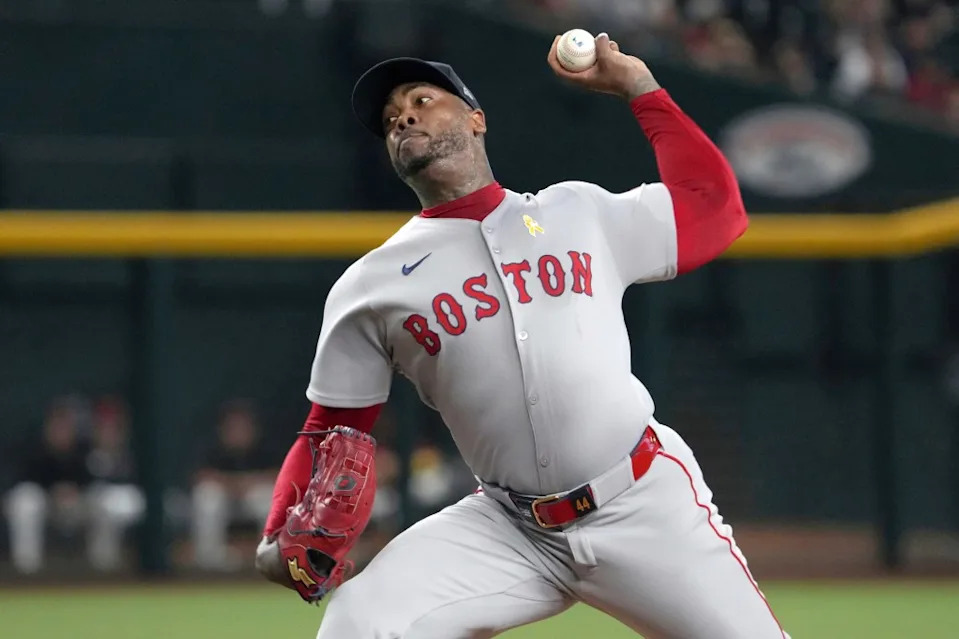 Boston Red Sox pitcher Aroldis Chapman (44) in the first inning of a baseball game against the Arizona Diamondbacks, Sunday, Sept 7, 2025, in Phoenix. AP