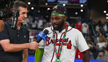 ATLANTA, GA - SEPTEMBER 23:  Atlanta center fielder Michael Harris II (23) is interviewed by FanduelÕs Wiley Ballard following the conclusion of the MLB game between the Washington Nationals and the Atlanta Braves on September 23rd, 2025 at Truist Park in Atlanta, GA. (Photo by Rich von Biberstein/Icon Sportswire)