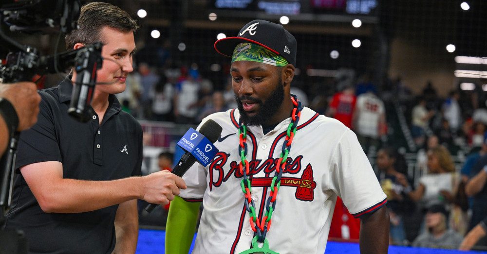 ATLANTA, GA - SEPTEMBER 23:  Atlanta center fielder Michael Harris II (23) is interviewed by FanduelÕs Wiley Ballard following the conclusion of the MLB game between the Washington Nationals and the Atlanta Braves on September 23rd, 2025 at Truist Park in Atlanta, GA. (Photo by Rich von Biberstein/Icon Sportswire)