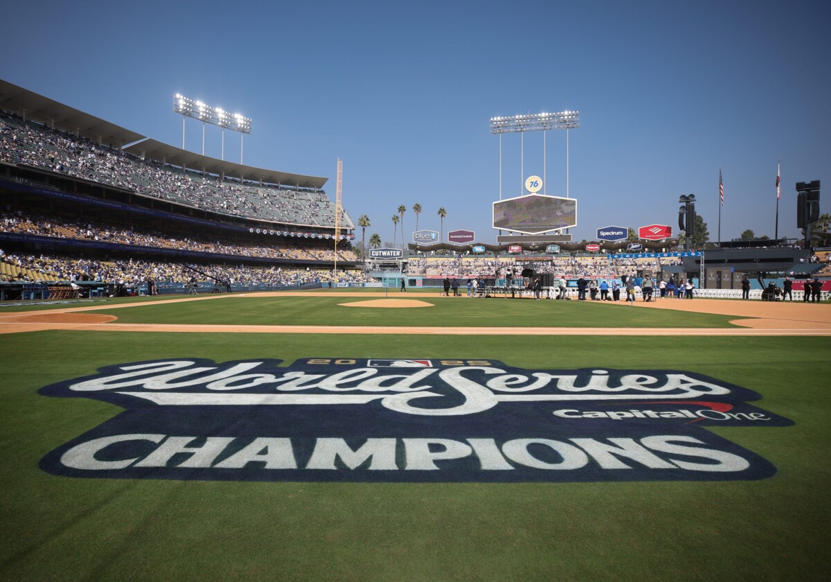 Dodger Stadium's infield shows off a display honoring the 2025 World Series champions in Los Angeles on Monday, Nov. 3, 2025. The Dodgers beat the Toronto Blue Jays in seven games to win their second straight World Series title and third in last six years.