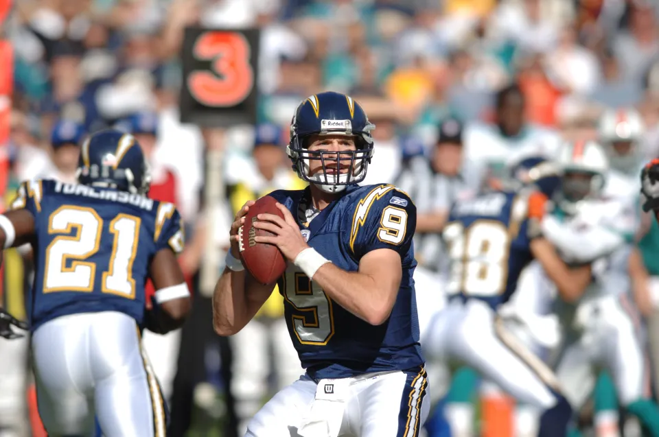 Drew Brees #9 of the San Diego Chargers in action during a game against the Miami Dolphins on December 11, 2005 at Qualcomm Stadium