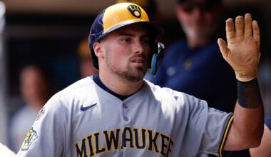 Milwaukee Brewers' Caleb Durbin is congratulated after scoring a run on a wild pitch by Minnesota Twins relief pitcher David Festa during the fourth inning of a baseball game Sunday, June 22, 2025, in Minneapolis. (AP Photo/Bailey Hillesheim)