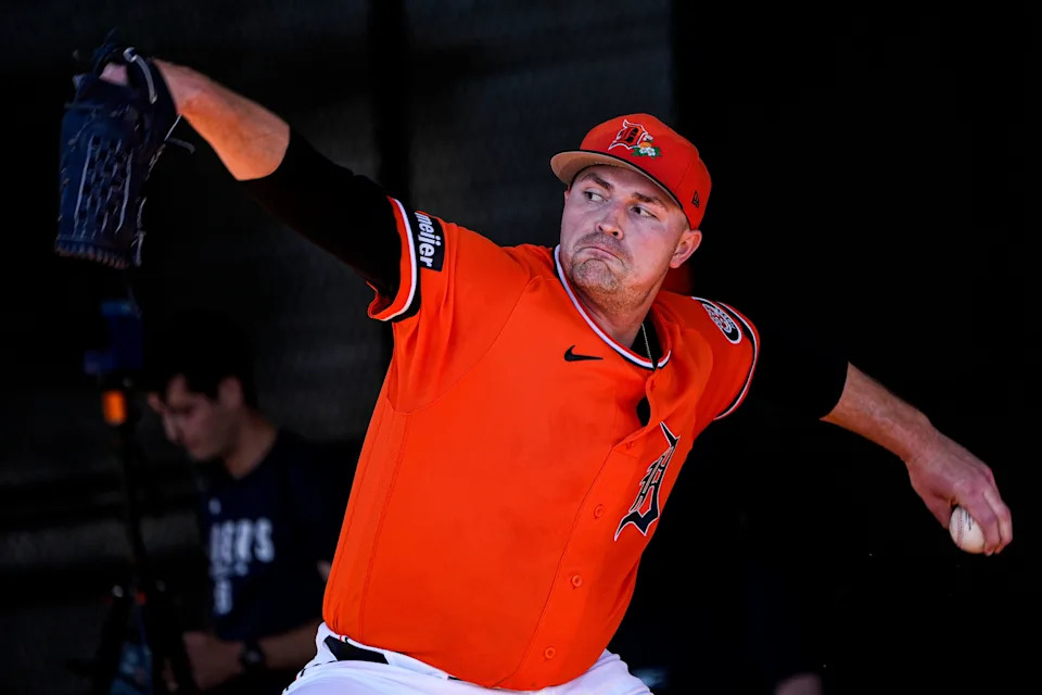 Detroit Tigers pitcher Tarik Skubal practices during spring training at TigerTown in Lakeland, Fla. on Friday, Feb. 20, 2026.