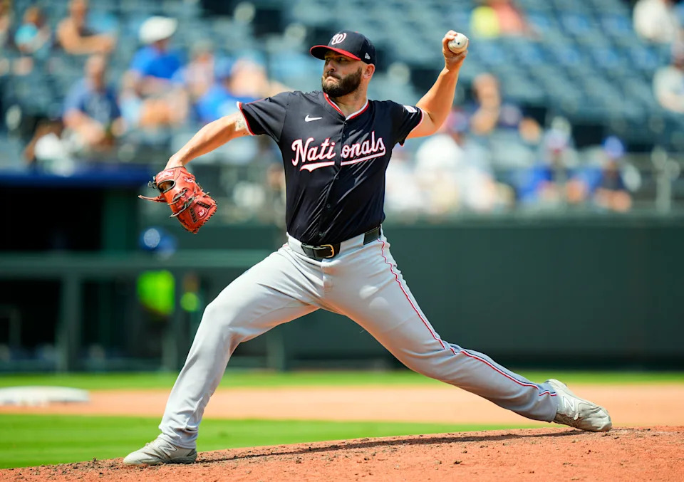 Washington Nationals starting pitcher Konnor Pilkington (45) pitches during the fifth inning against the Kansas City Royals at Kauffman Stadium in Kansas City, Missouri, on Aug. 16, 2025.