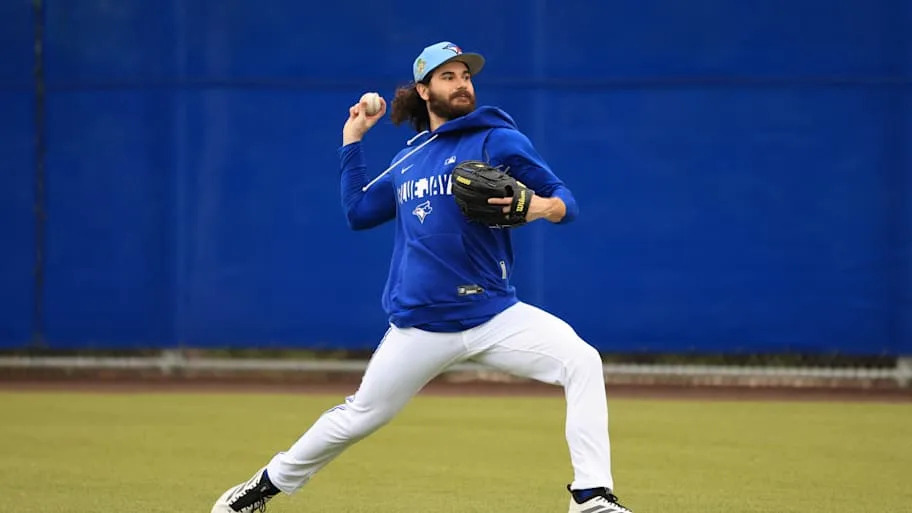 Toronto Blue Jays pitcher Dylan Cease works out for spring training practice.